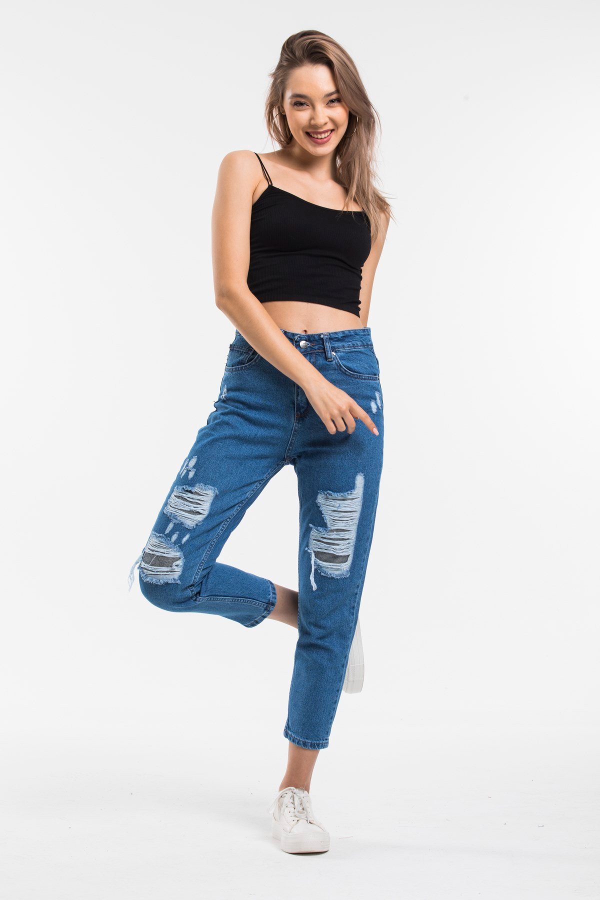 Bayan yırtıklı mom pantolon 84124202