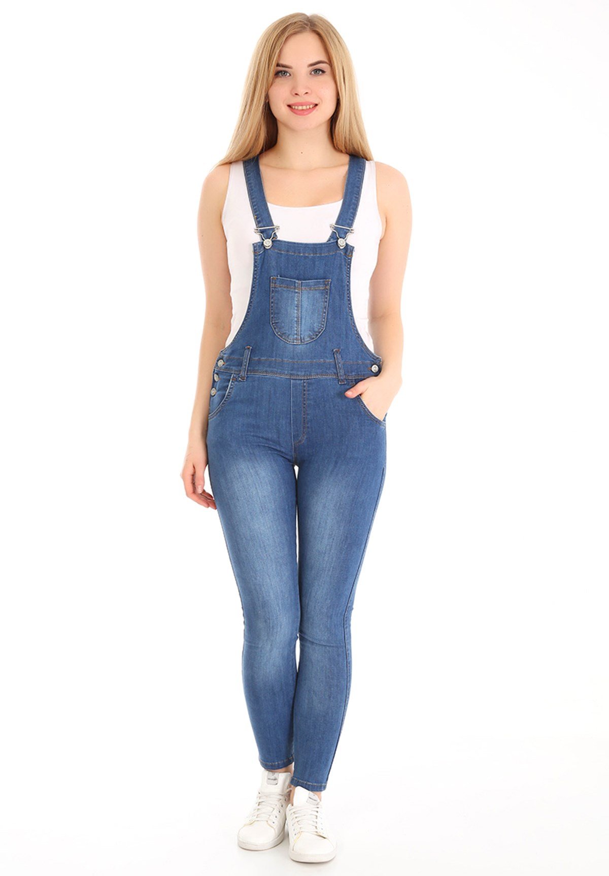 Cep Detaylı Açık Mavi Bayan Salopet Tulum