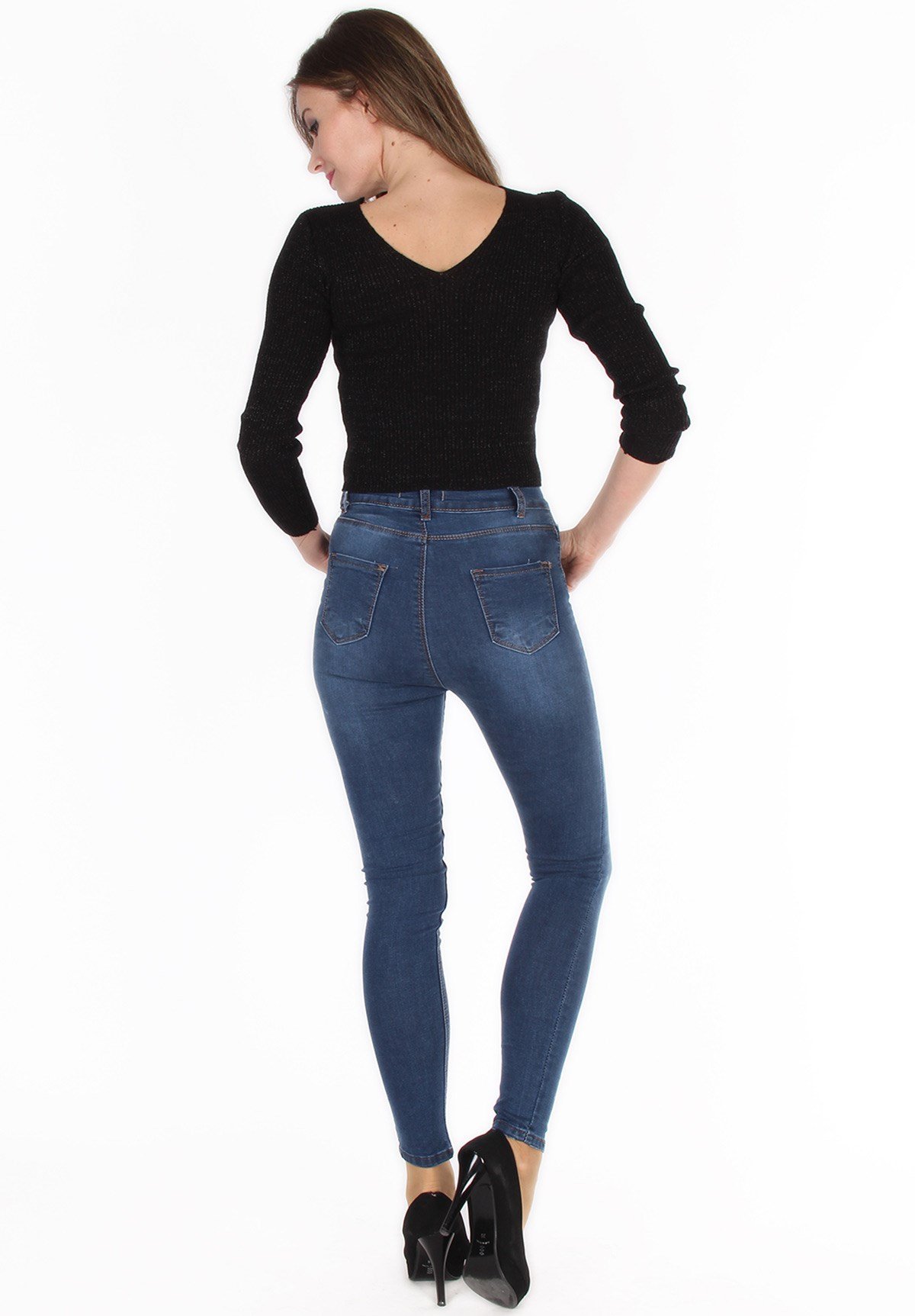 Çiçek İşlemeli Likralı Yüksek Bel Bayan Kot Pantolon