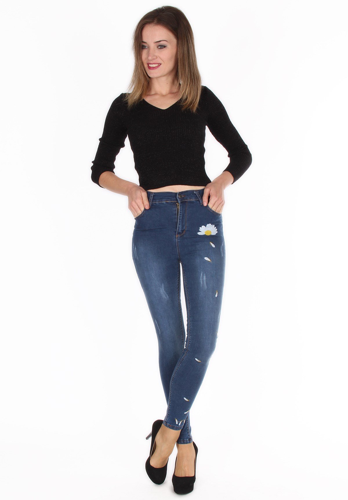 Çiçek İşlemeli Likralı Yüksek Bel Bayan Kot Pantolon