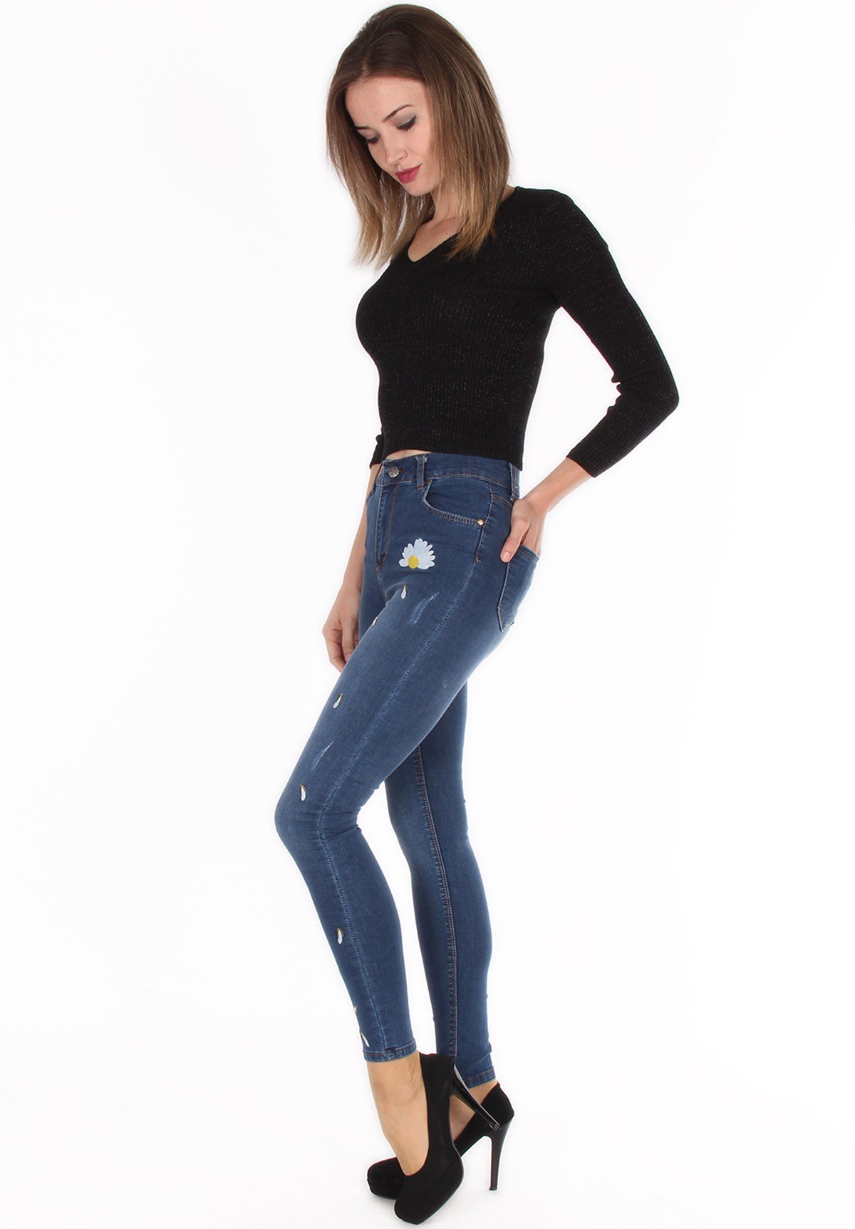 Çiçek İşlemeli Likralı Yüksek Bel Bayan Kot Pantolon