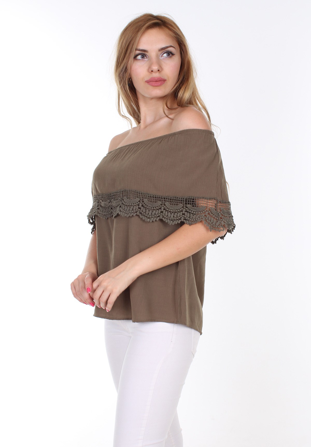 e-Giyim Sepeti Kolu Lastikli Dantel Detaylı Haki Bluz 