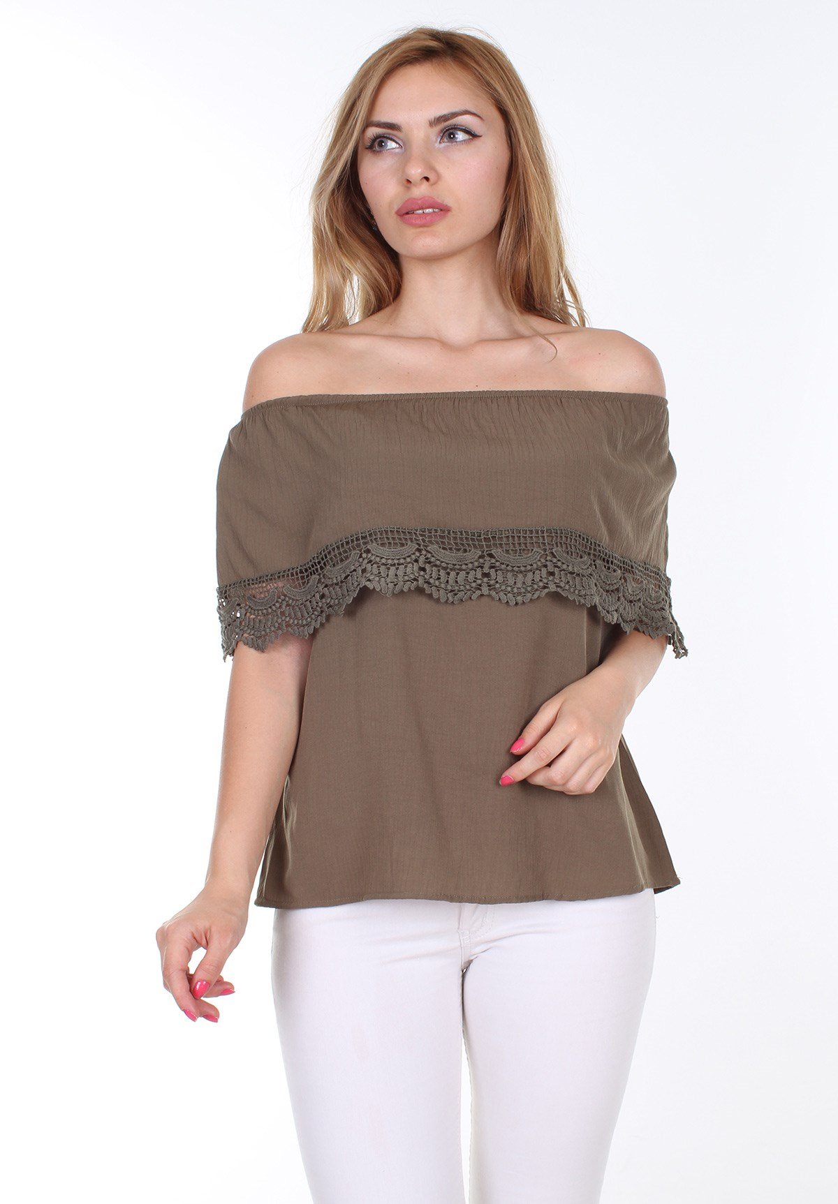 e-Giyim Sepeti Kolu Lastikli Dantel Detaylı Haki Bluz 
