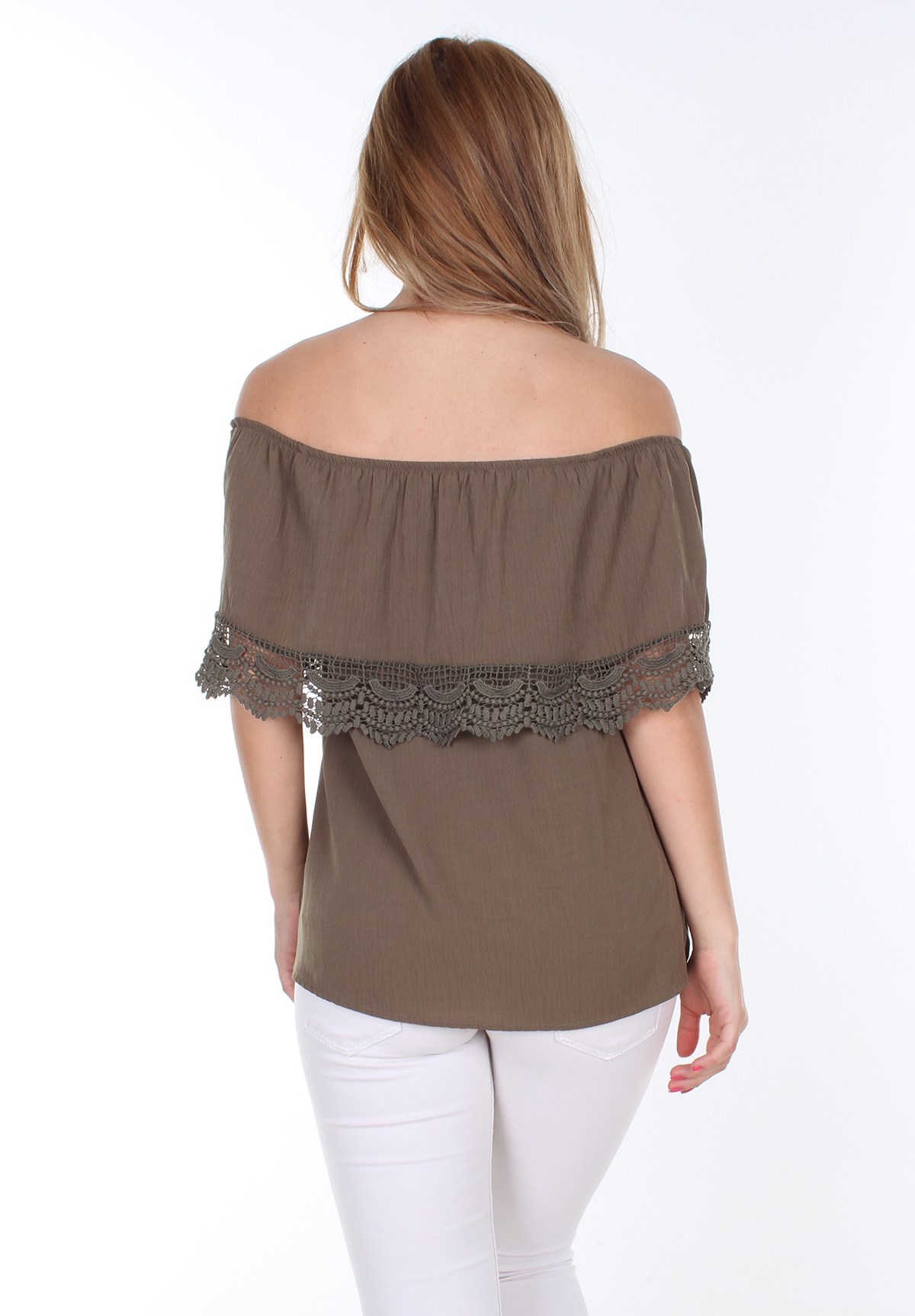 e-Giyim Sepeti Kolu Lastikli Dantel Detaylı Haki Bluz 