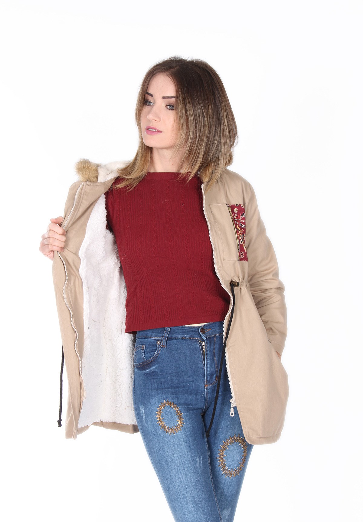 Etnik Motifli Bej Rengi Bayan Mont