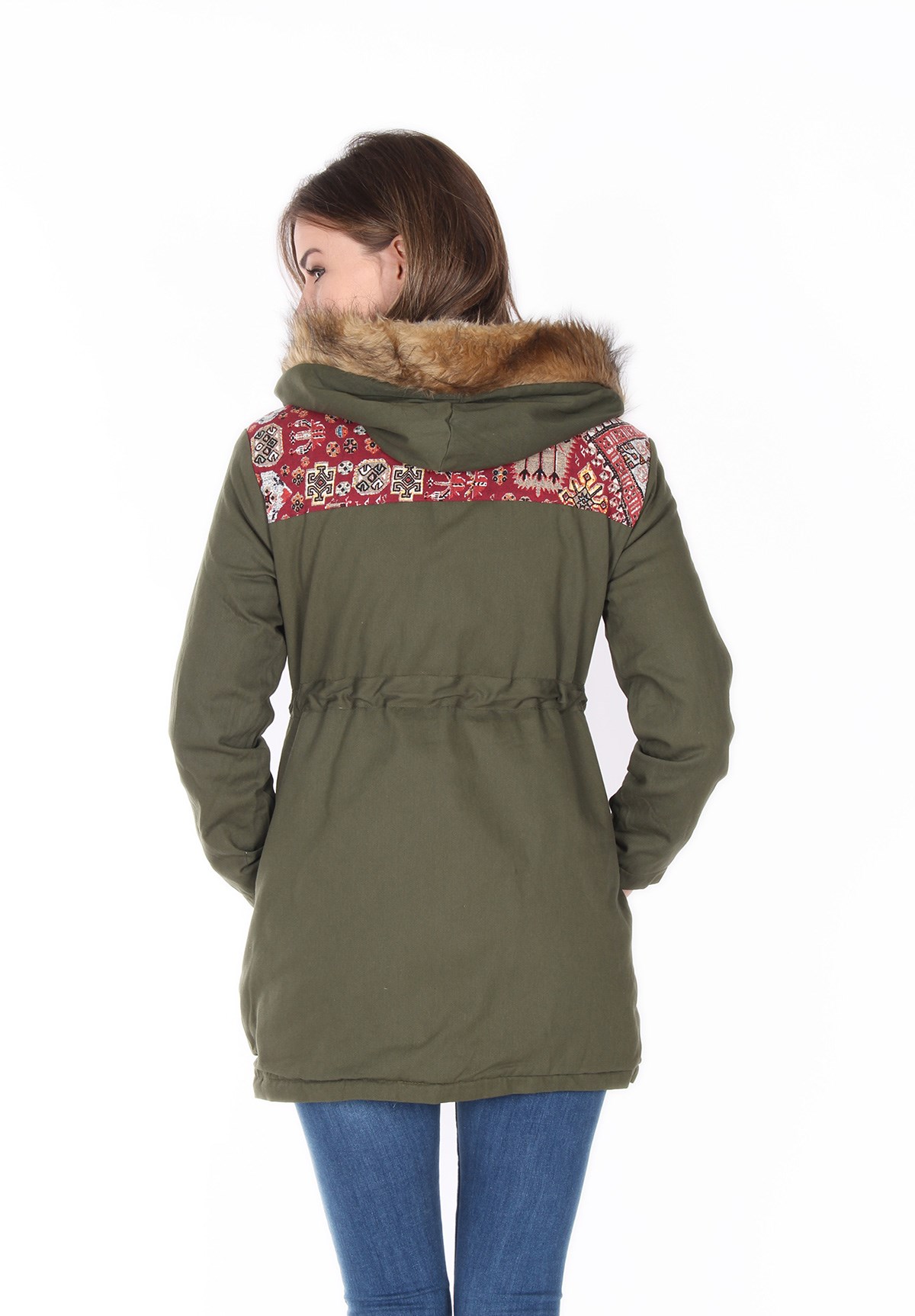 Etnik Motifli Haki Renk Bayan Mont
