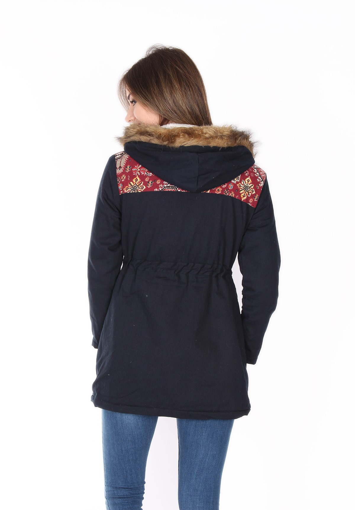 Etnik Motifli Lacivert Renk Bayan Mont