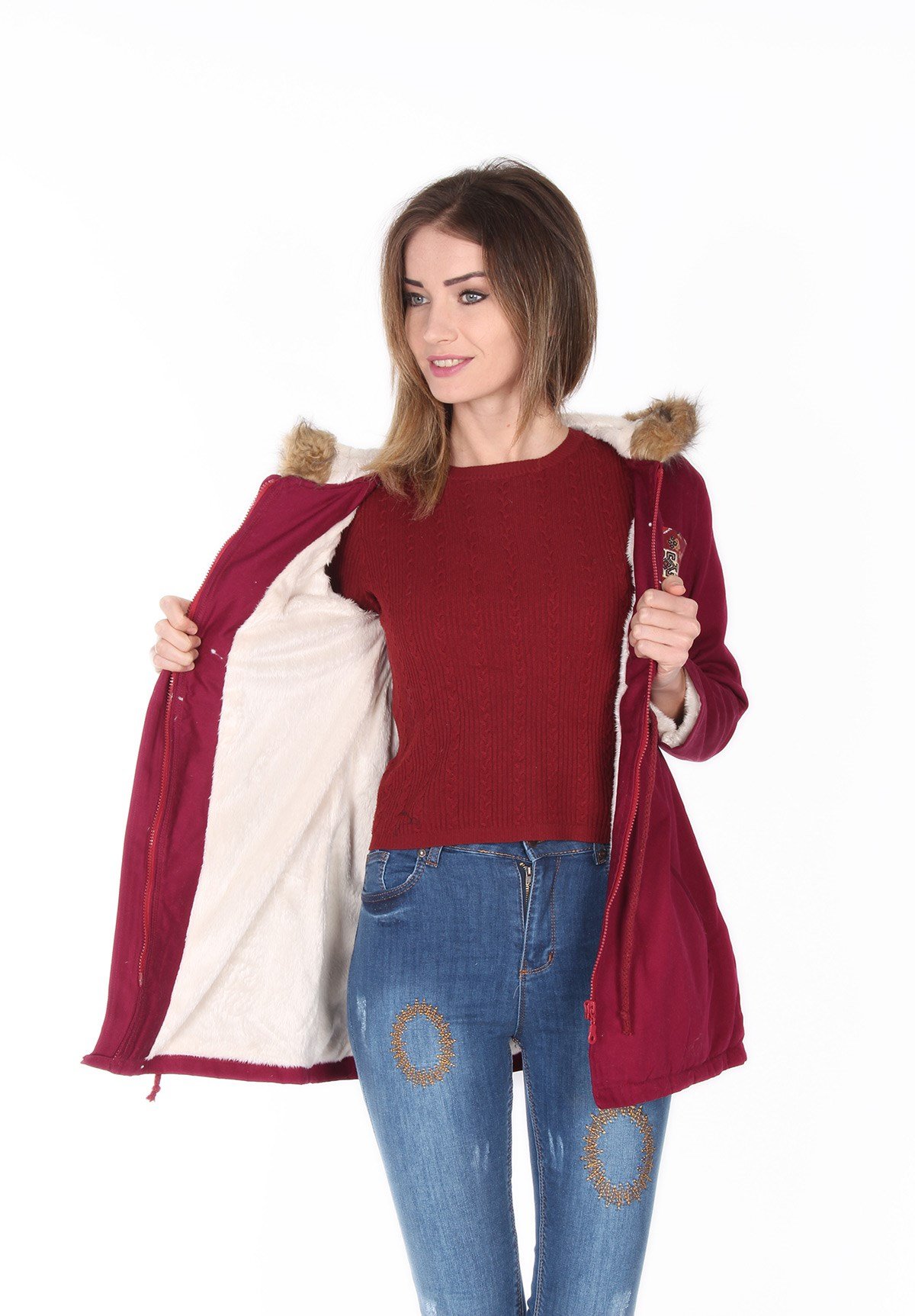 Etnik Motifli Vişne Çürüğü Bayan Mont