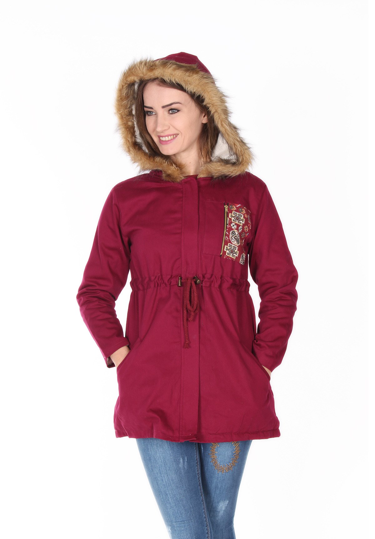 Etnik Motifli Vişne Çürüğü Bayan Mont