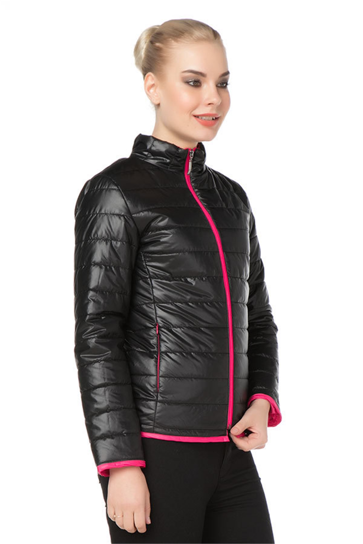 Fermuar Detaylı Siyah-Pembe-Haki Mont