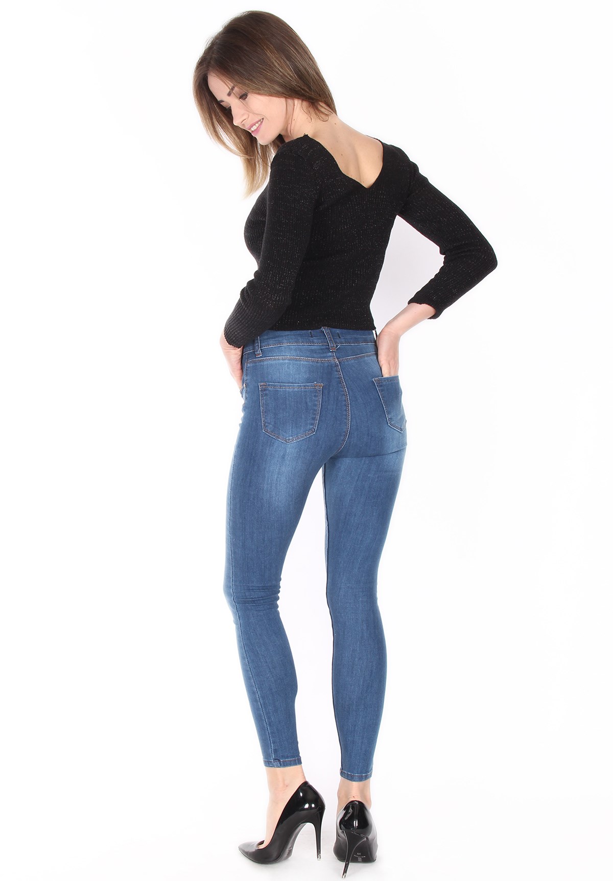 İşlemeli Likralı Yüksek Bel Bayan Kot Pantolon