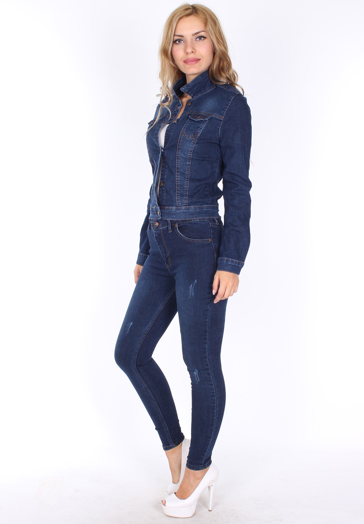 Koyu Mavi Style Likralı Kadın Kot Ceket