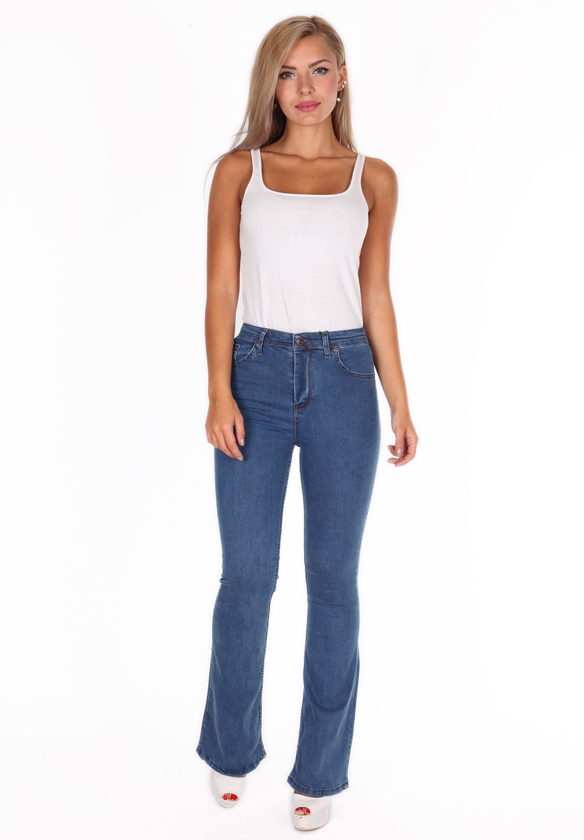 Likralı İspanyol Bol Paça Bayan Kot Pantolon