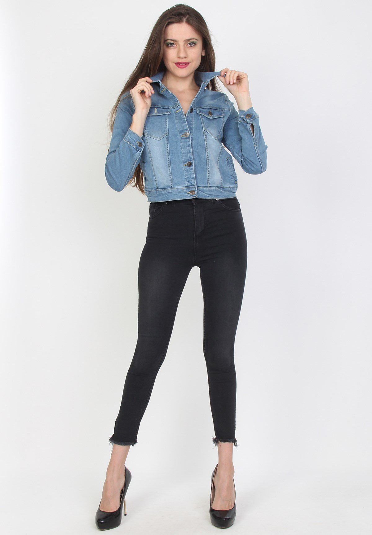 Likralı Mavi Bayan Kot Ceket