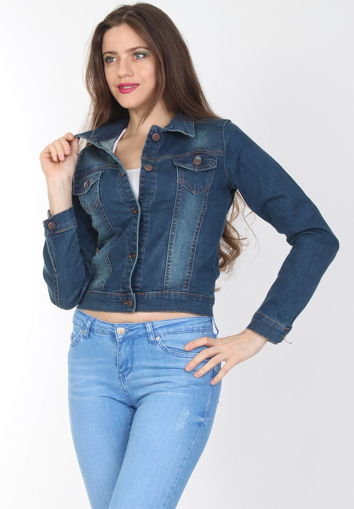 Likralı Moda Trend Bayan Kot Ceket