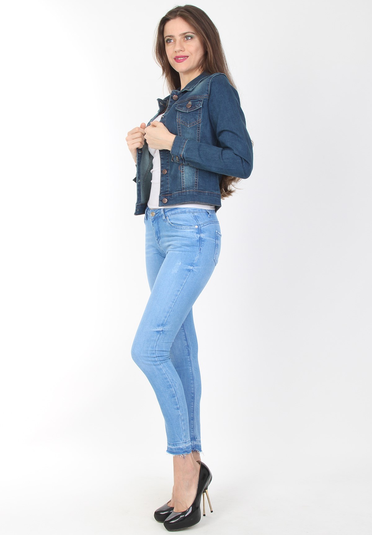 Likralı Moda Trend Bayan Kot Ceket