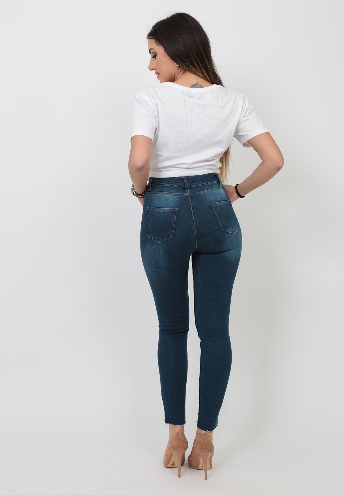 Likralı Paçası Boncuk İşlemeli Yüksek Bel Kot Pantolon 