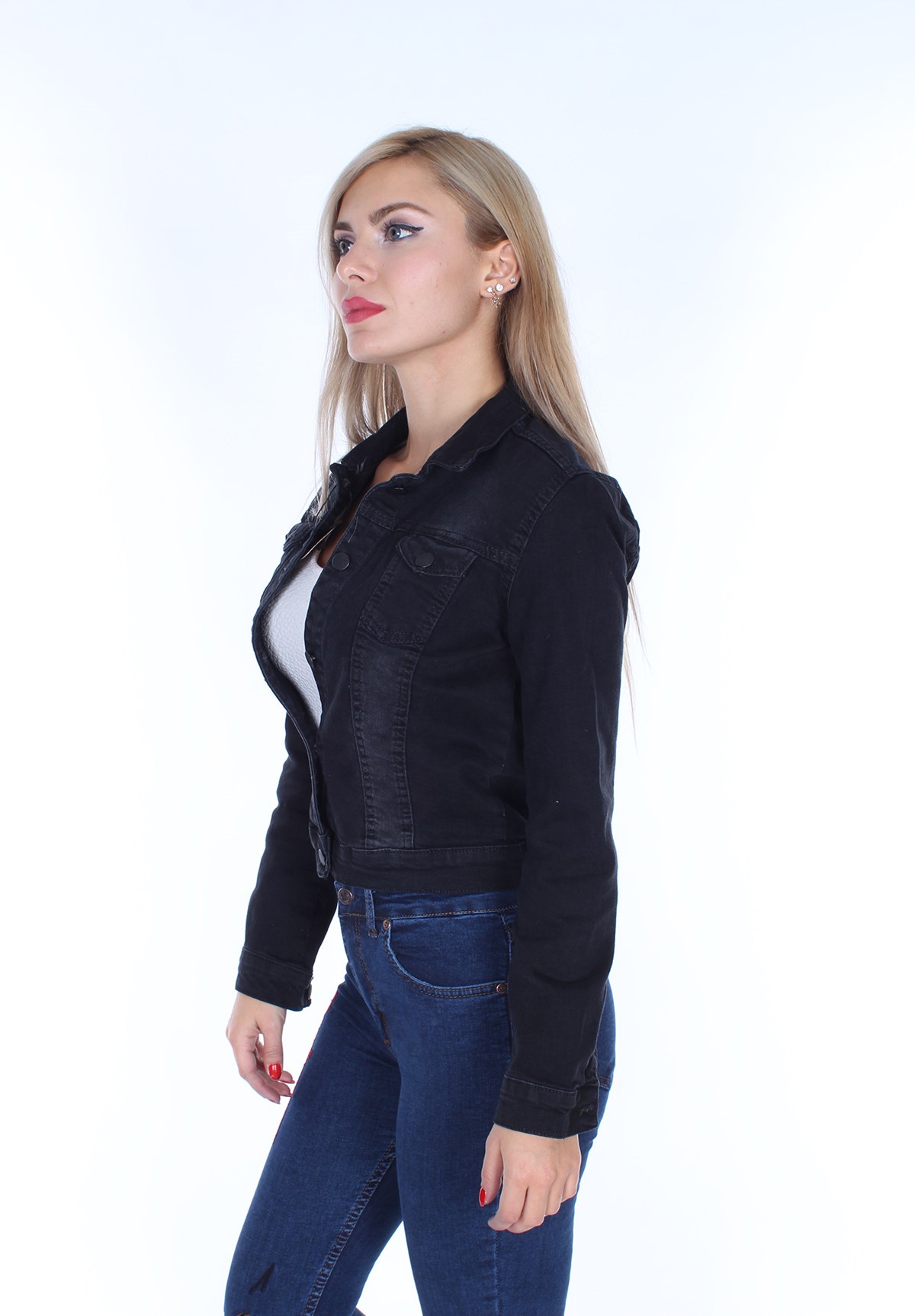 Likralı Siyah Bayan Kot Ceket - CD2156