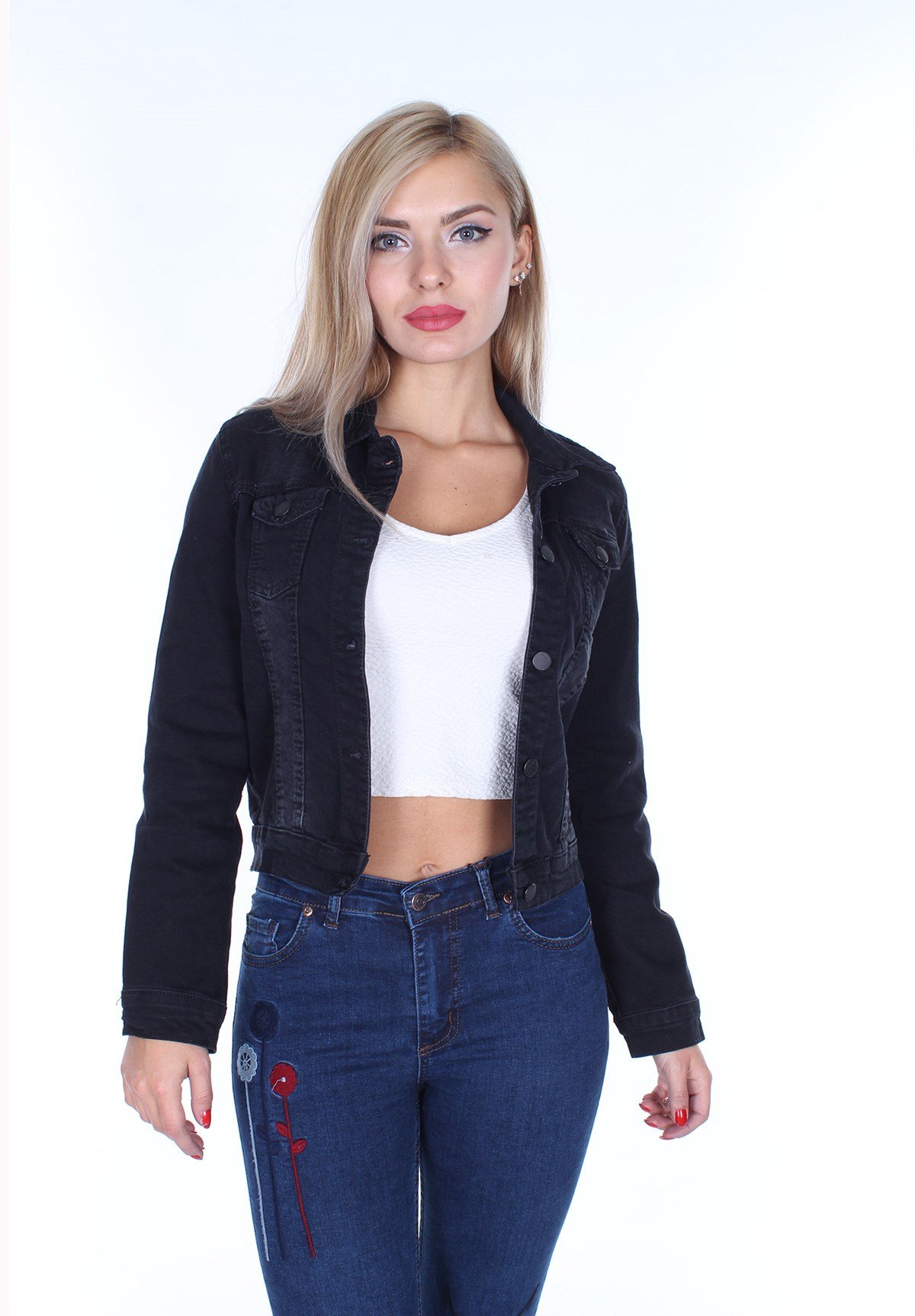 Likralı Siyah Bayan Kot Ceket - CD2156