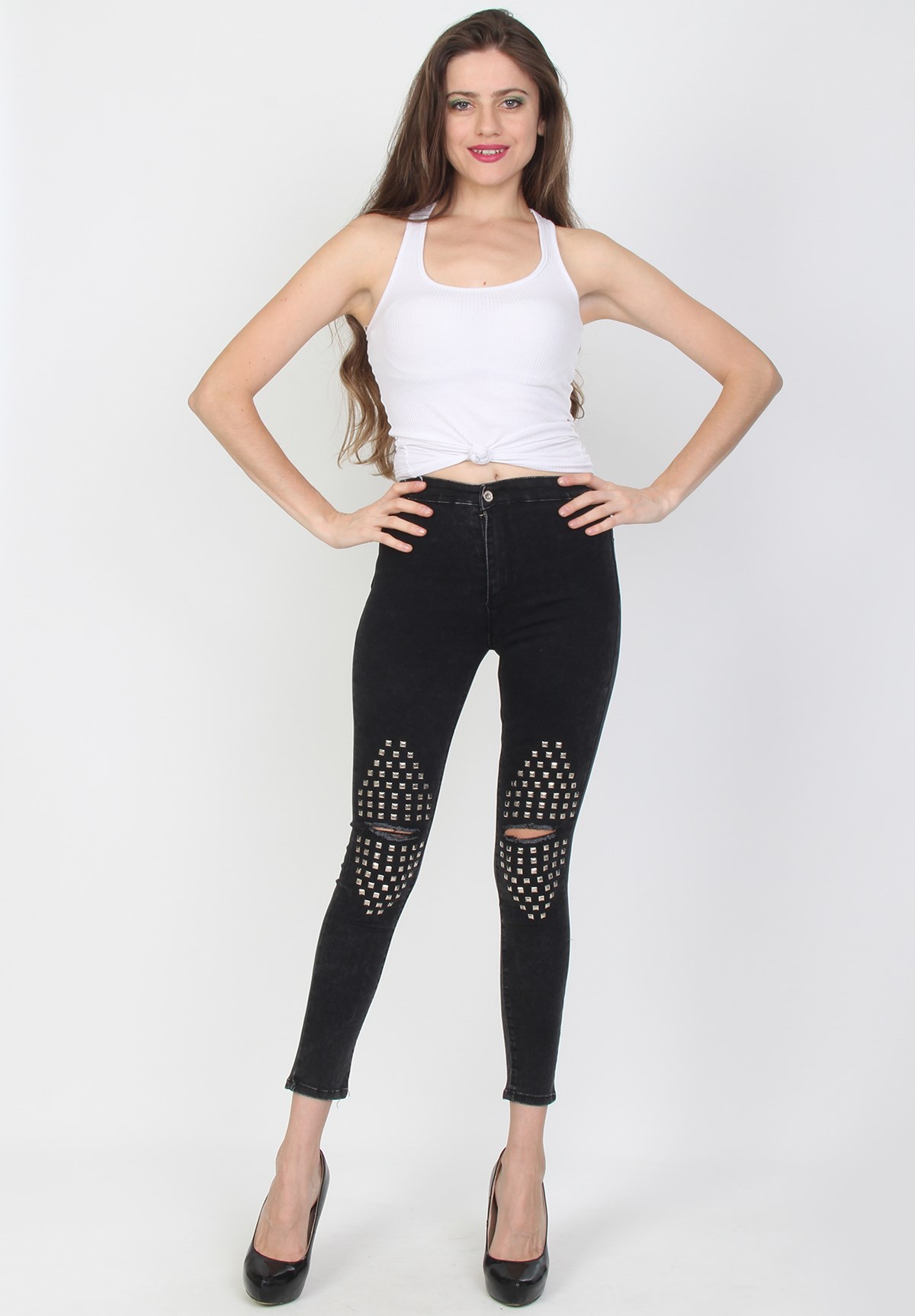 Likralı Taşlı Füme Bayan Kot Pantolon - YDY2114