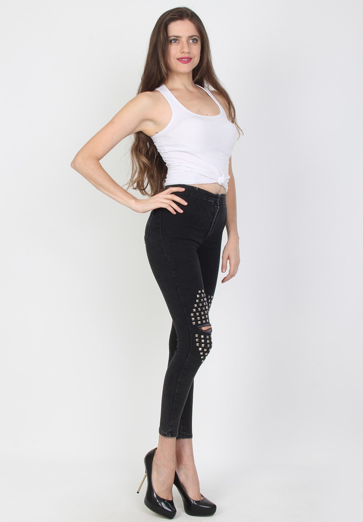 Likralı Taşlı Füme Bayan Kot Pantolon - YDY2114
