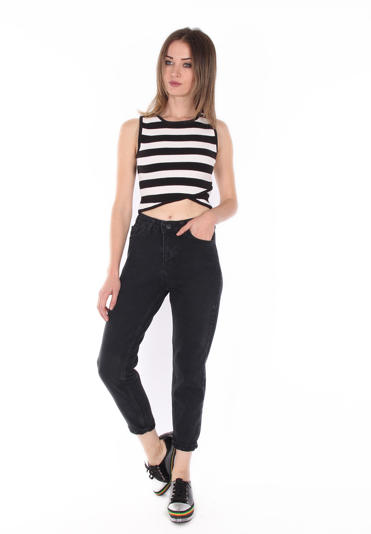 Likrasız Füme Siyah Mom Bayan Kot Pantolon