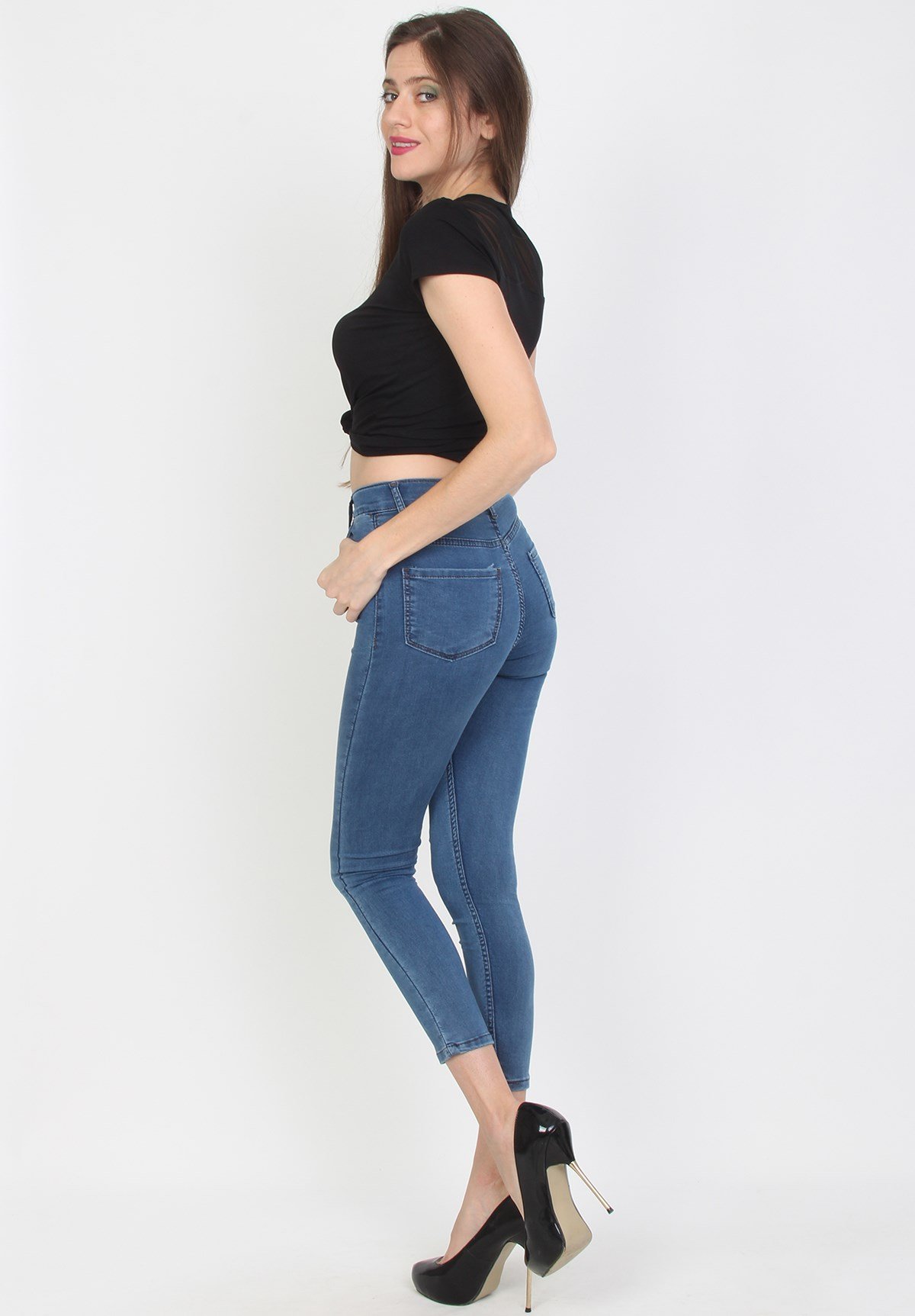 Mavi Likrali ve Yüksek Bel Bayan Kot Pantolon