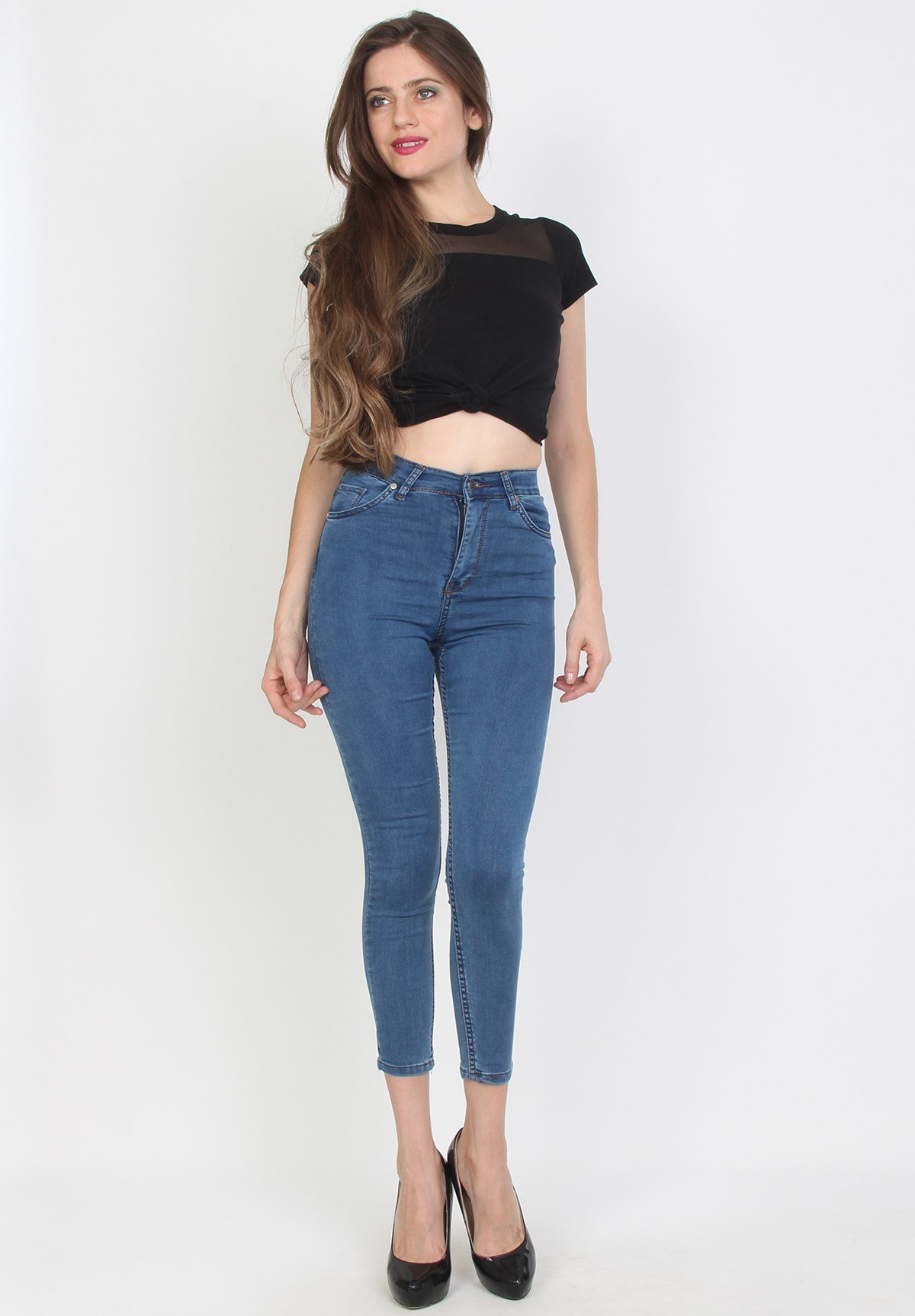 Mavi Likrali ve Yüksek Bel Bayan Kot Pantolon