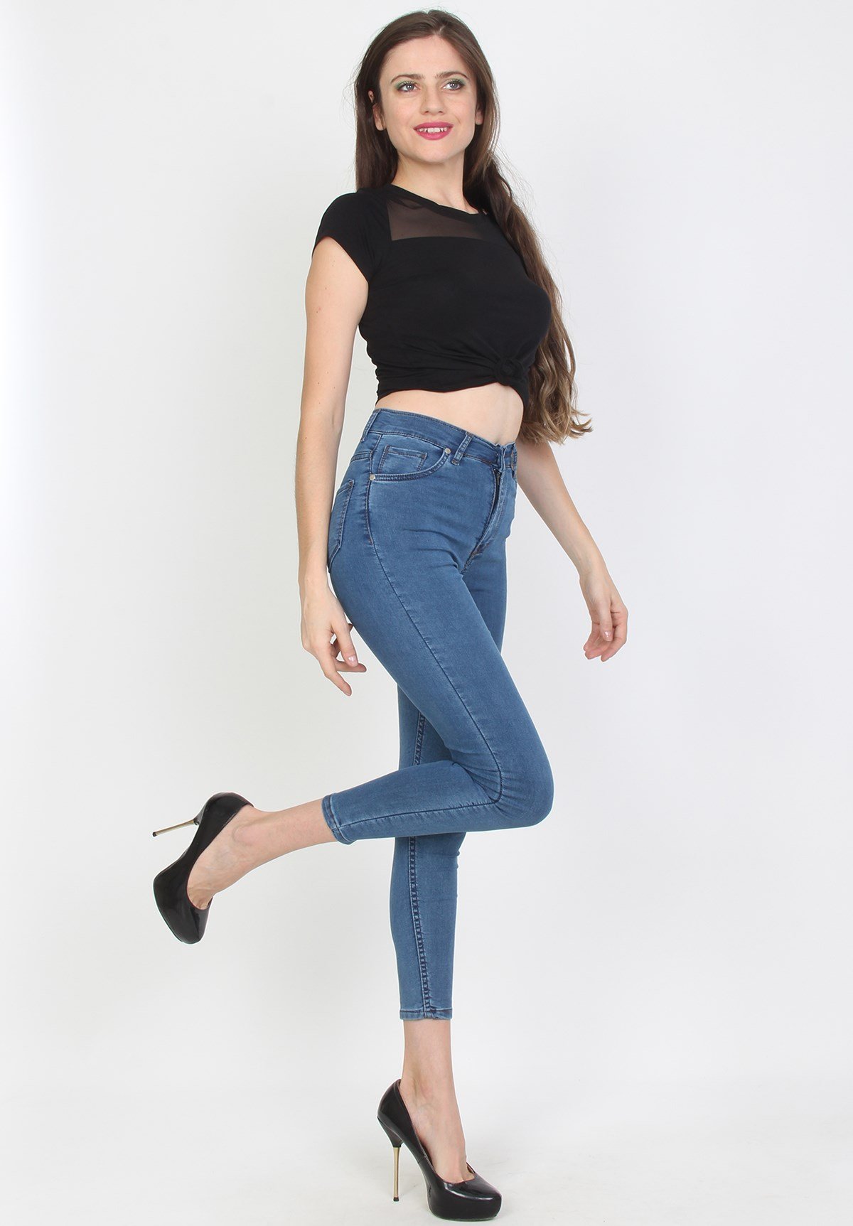 Mavi Likrali ve Yüksek Bel Bayan Kot Pantolon