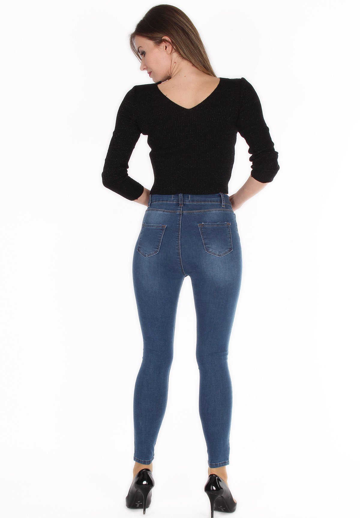 Motifli Likralı Yüksek Bel Bayan Kot Pantolon