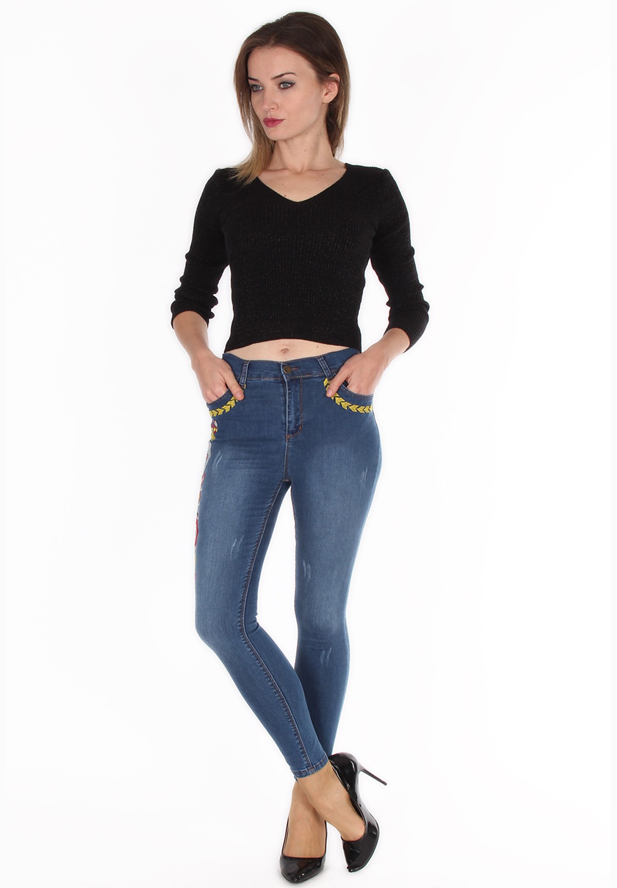 Motifli Likralı Yüksek Bel Bayan Kot Pantolon