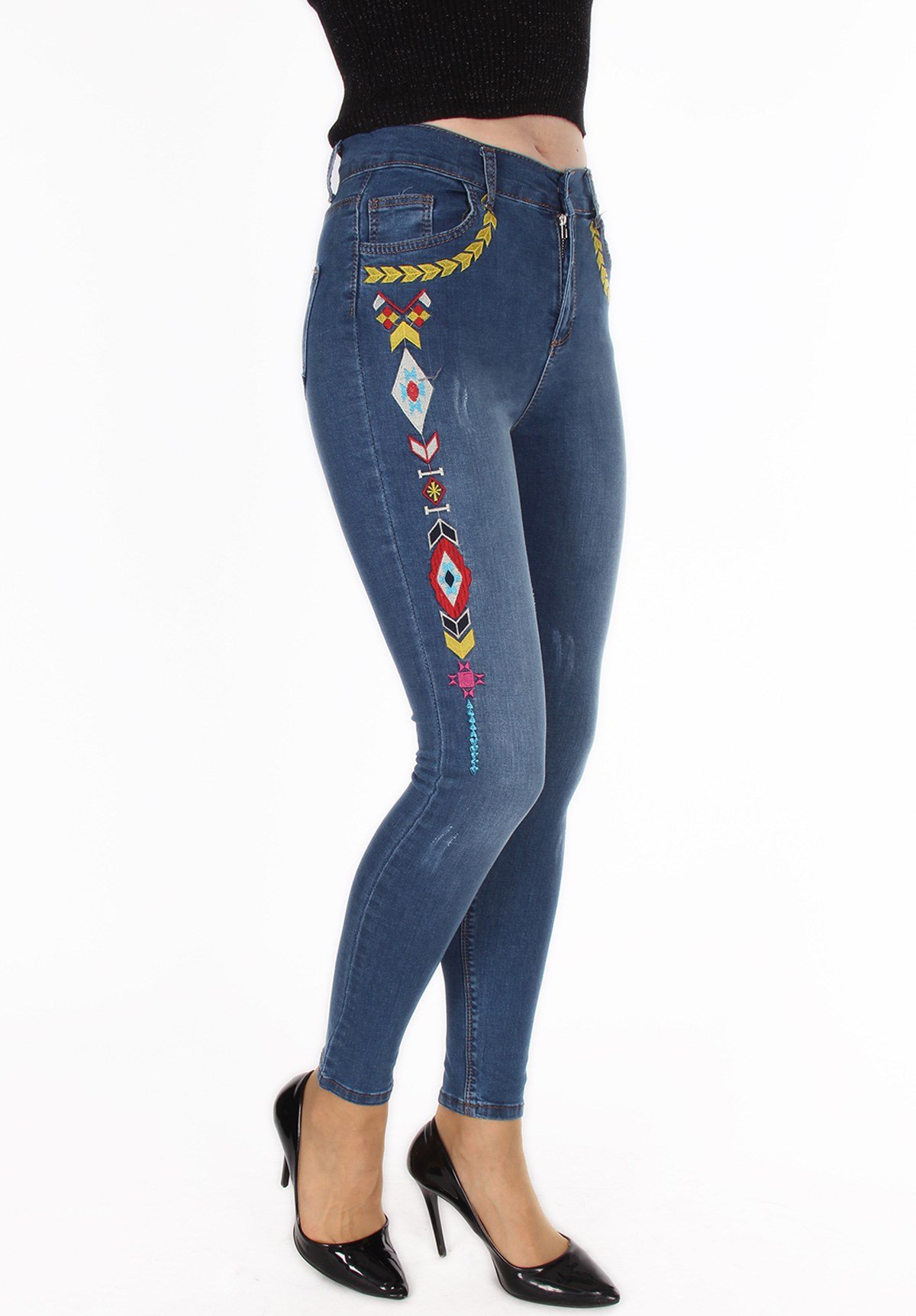 Motifli Likralı Yüksek Bel Bayan Kot Pantolon