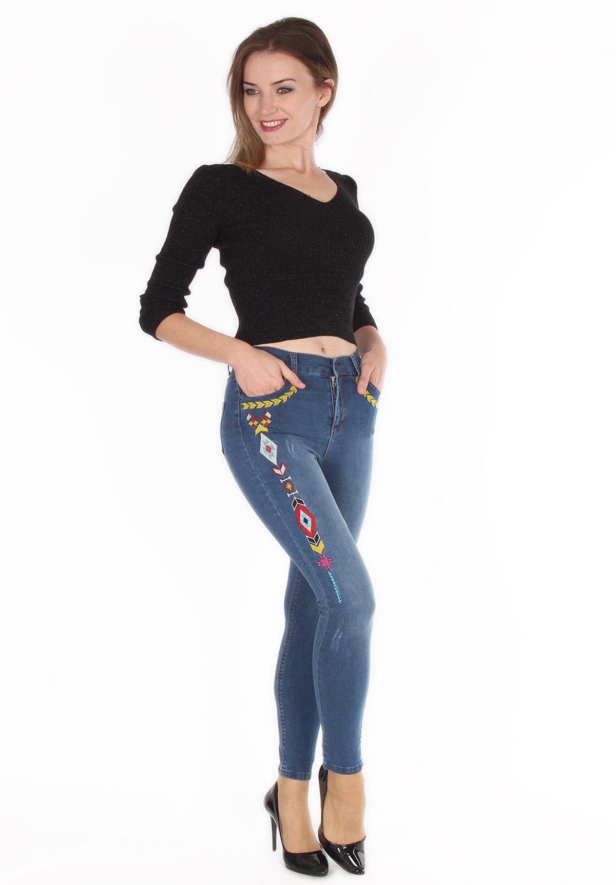 Motifli Likralı Yüksek Bel Bayan Kot Pantolon