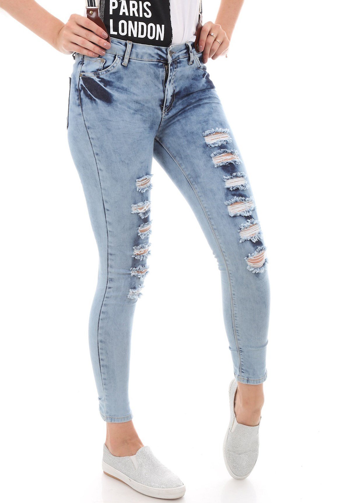 Salopet Kemerli Yırtıklı Kot Pantolon