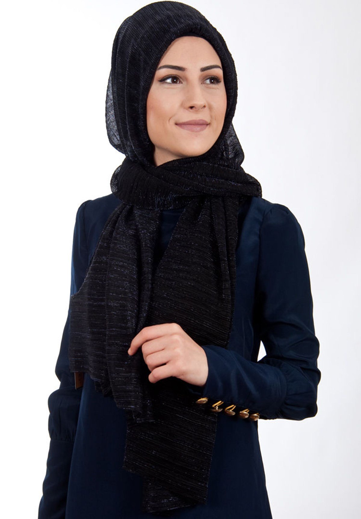 Simli Akordeon Şal Lacivert