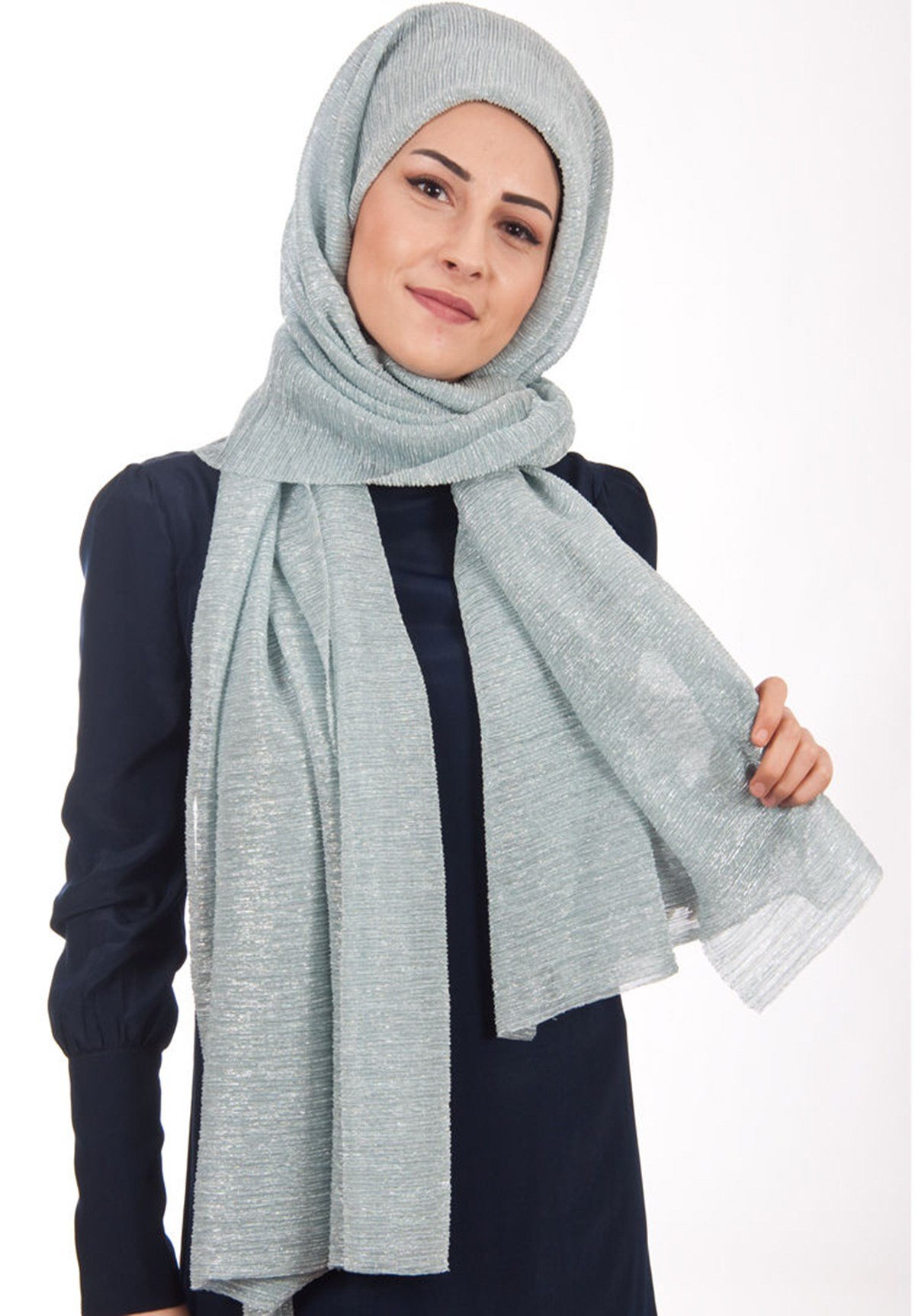 Simli Akordeon Şal Mavi