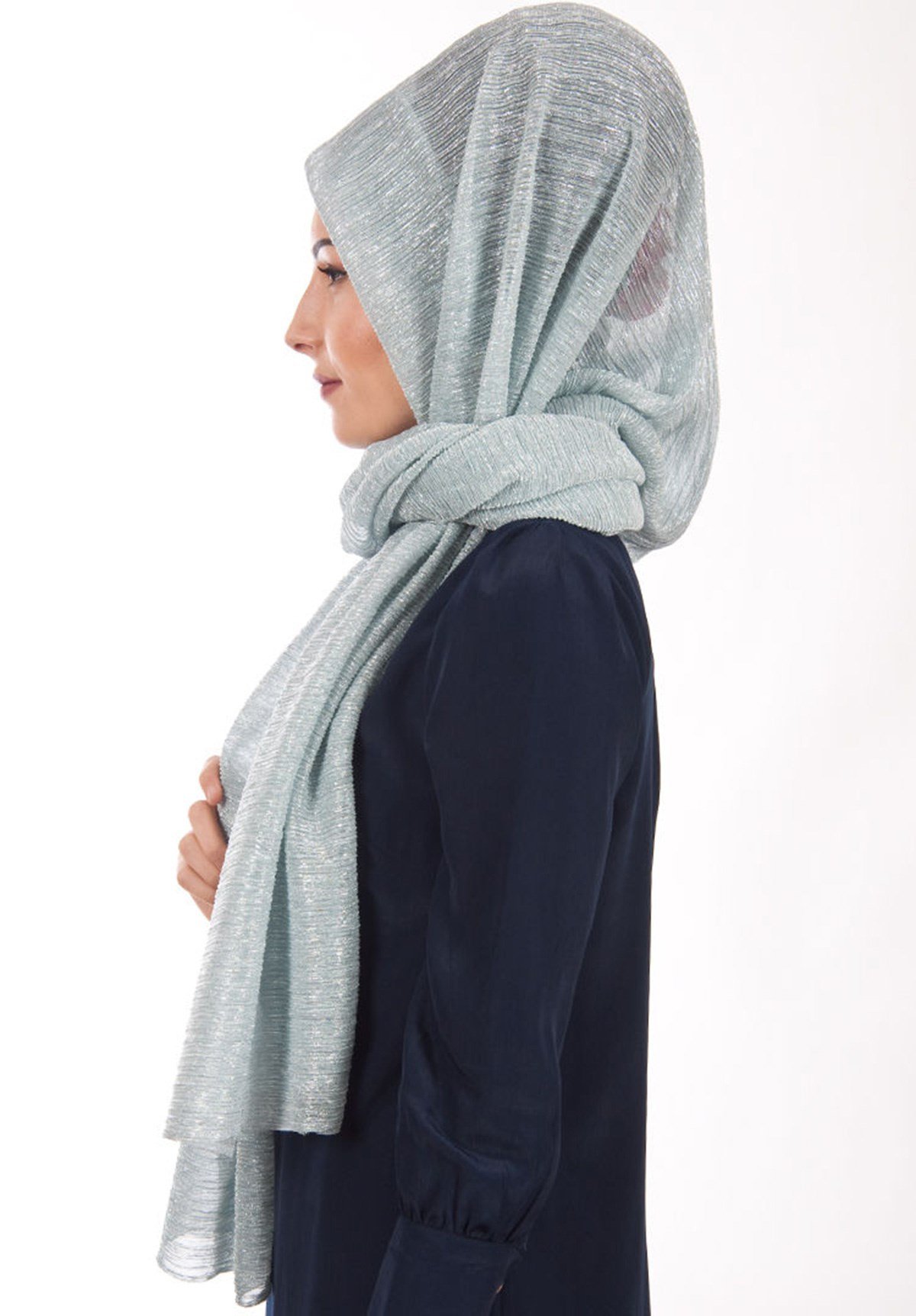 Simli Akordeon Şal Mavi