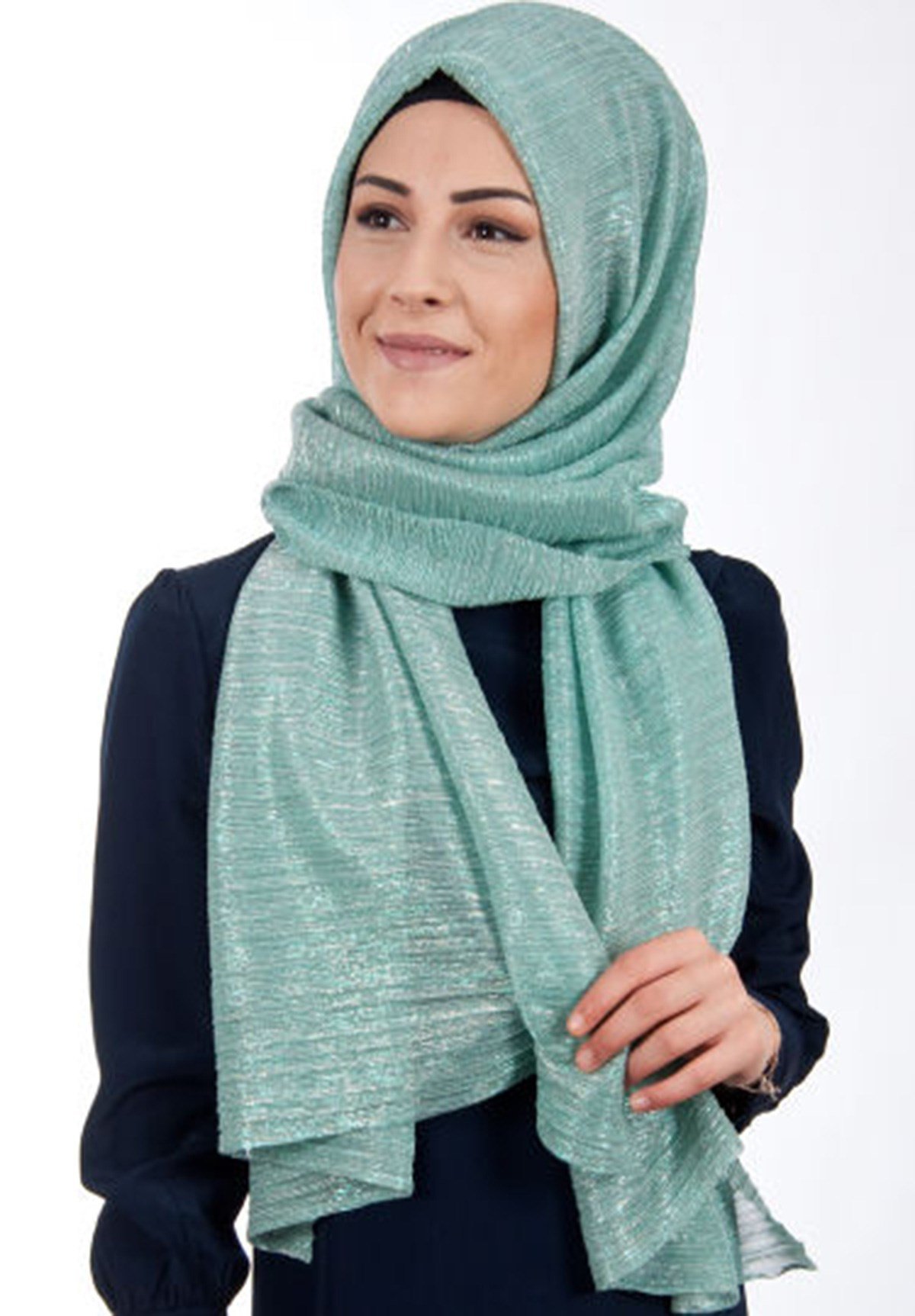 Simli Akordeon Şal Mint Yeşili