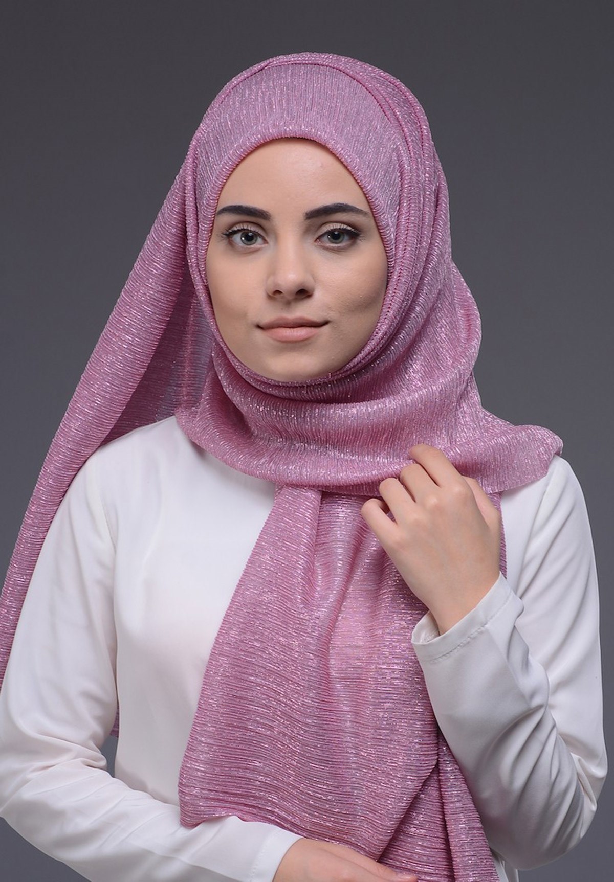 Simli Akordeon Şal Pembe