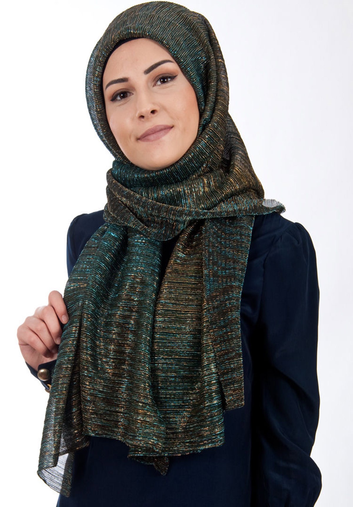 Simli Akordeon Şal Petrol Sarı