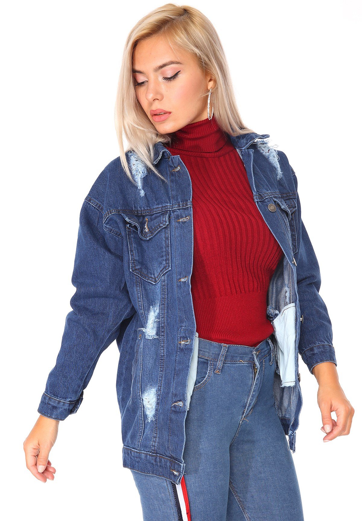 Sırtı Yazı Detaylı Boy Friend Açık Mavi Bayan Kot Ceket