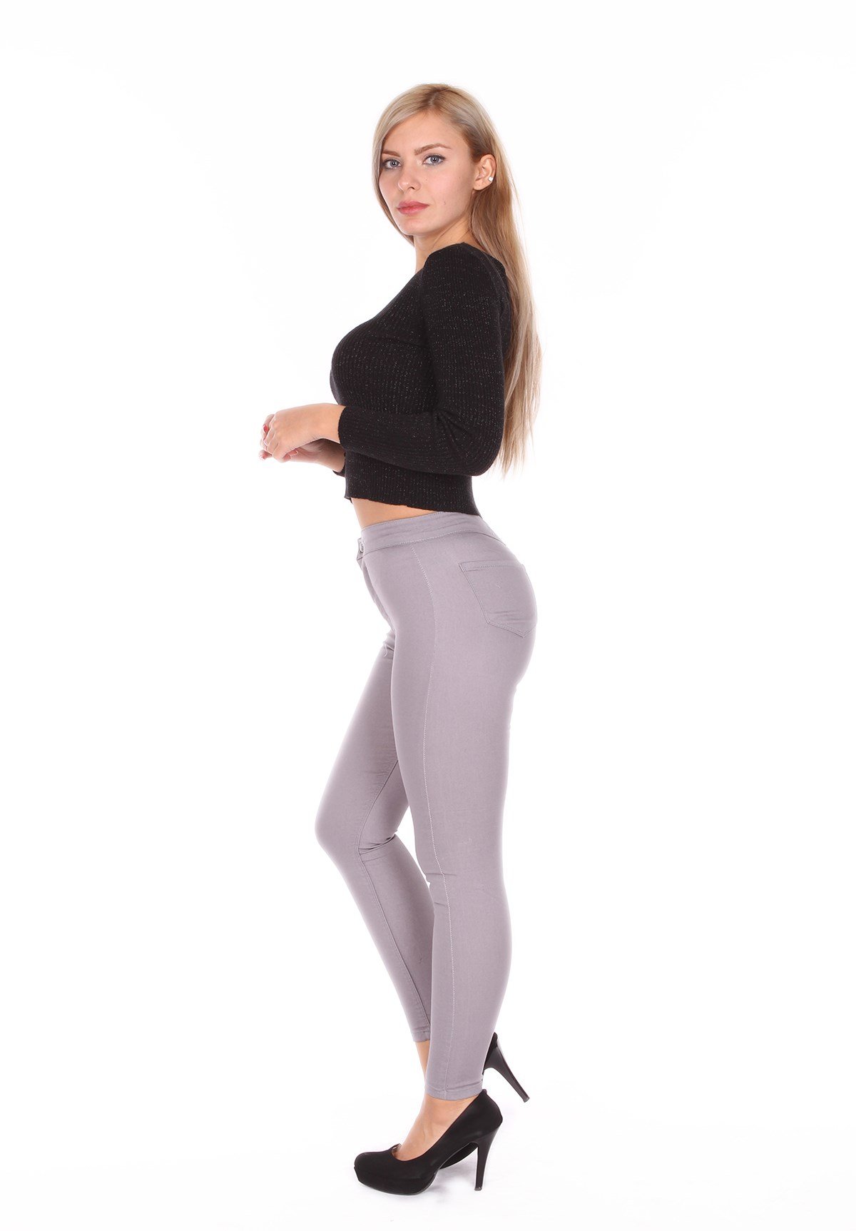 Tayt Model Açık Gri Renk Likralı Bayan Kot Pantolon