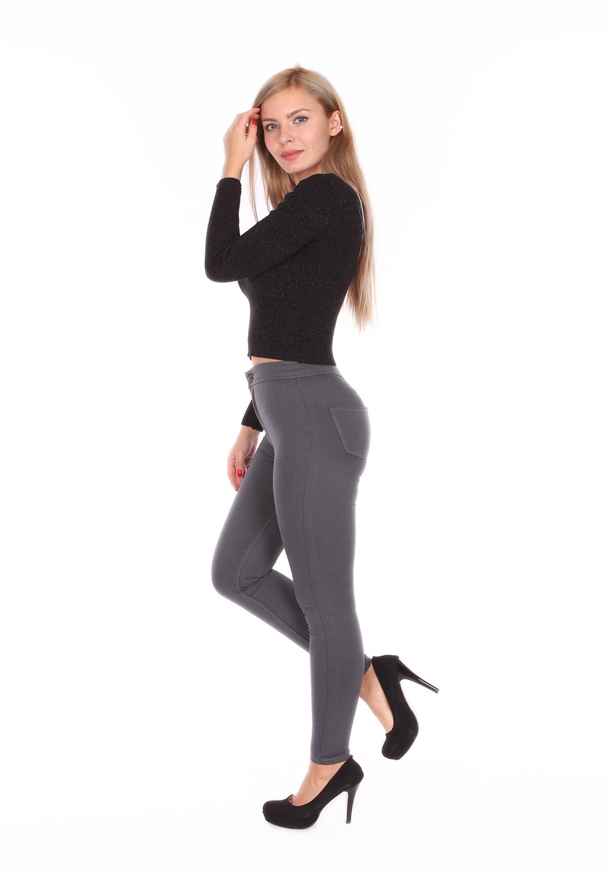 Tayt Model Koyu Gri Renk Likralı Bayan Kot Pantolon