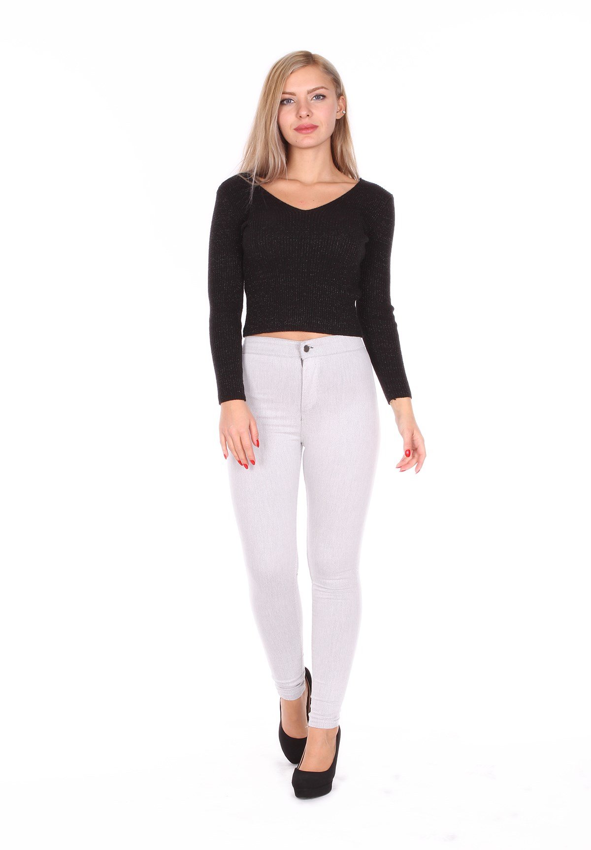 Tayt Model Oxford Desenli Açık Gri Renk Likralı Bayan Kot Pantolon