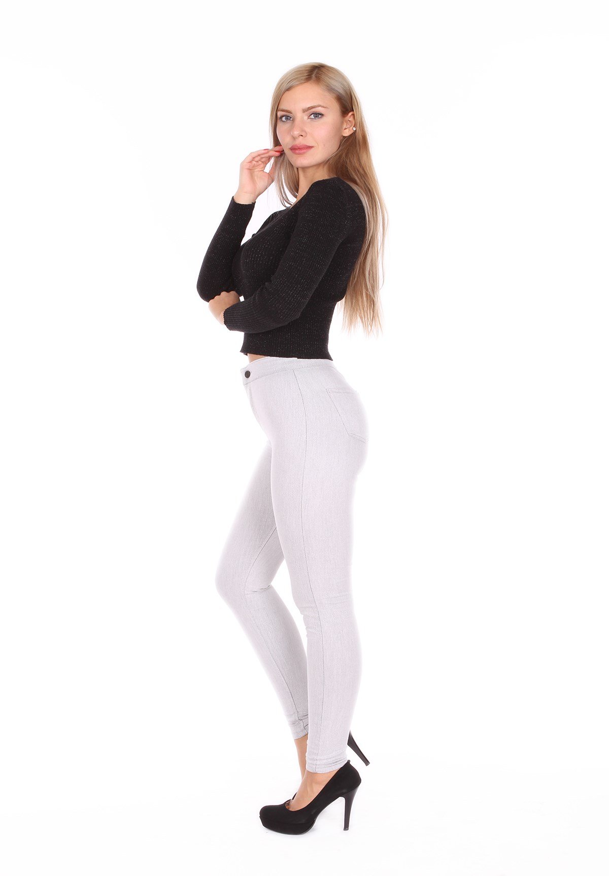 Tayt Model Oxford Desenli Açık Gri Renk Likralı Bayan Kot Pantolon