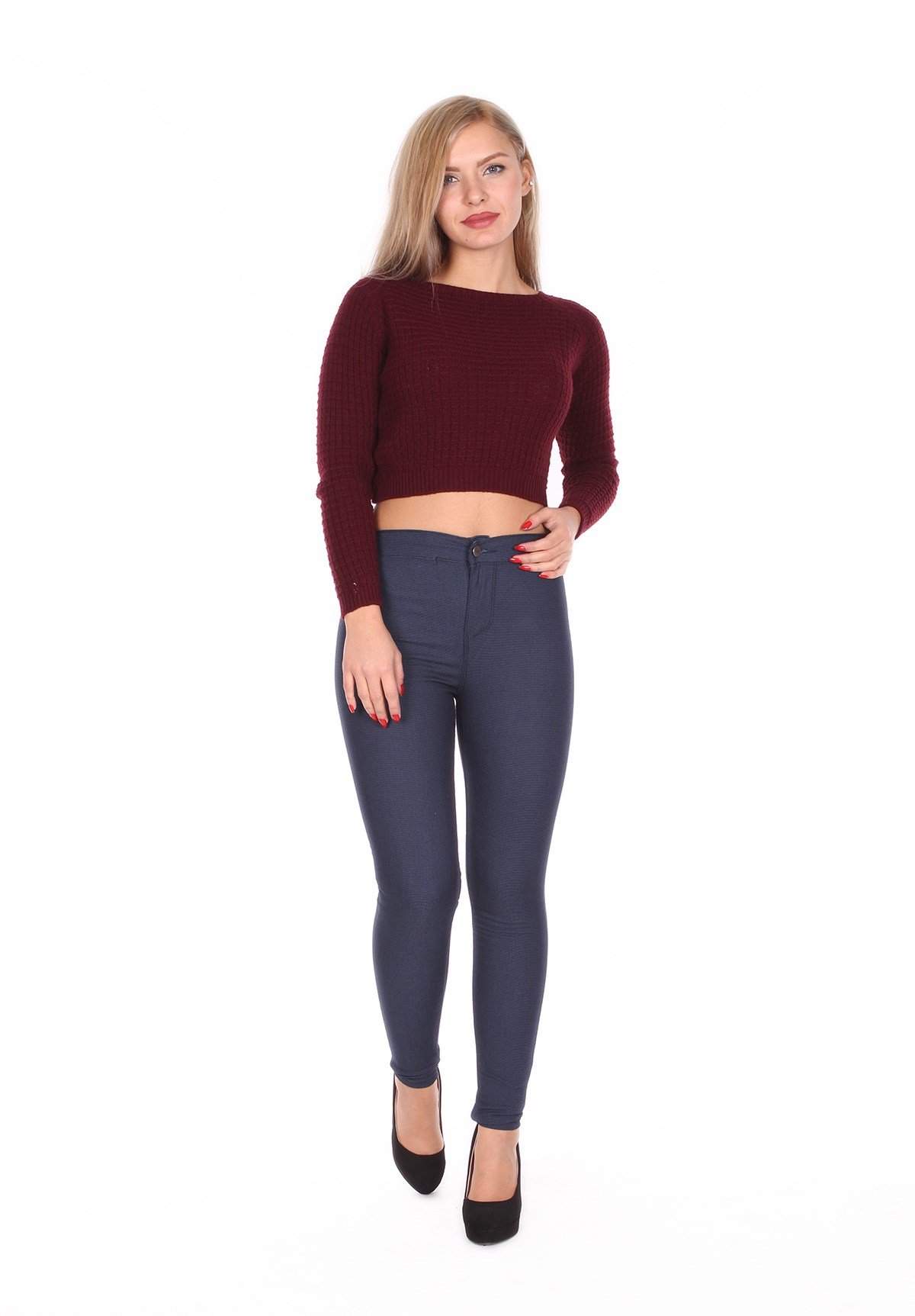 Tayt Model Oxford Desenli Lacivert Likralı Bayan Kot Pantolon