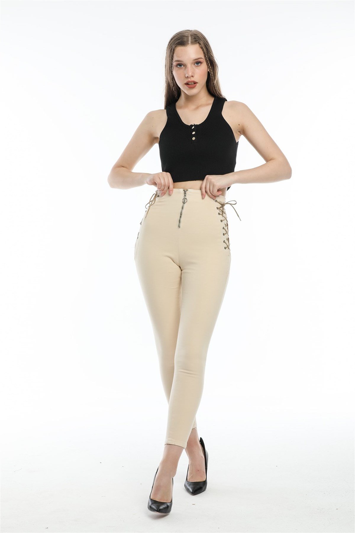 Yanı Bağcıklı Bayan Kot Pantolon 36943241