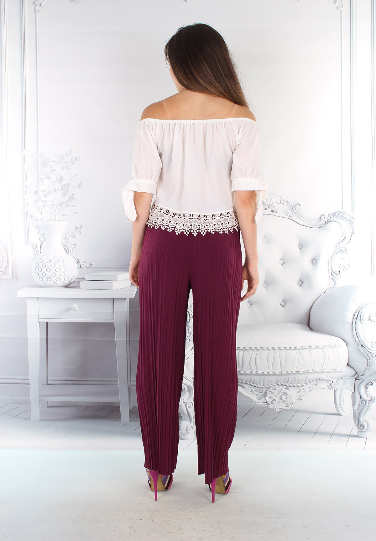 Yazlık Tiril Tiril Geniş Pantolon Mürdüm