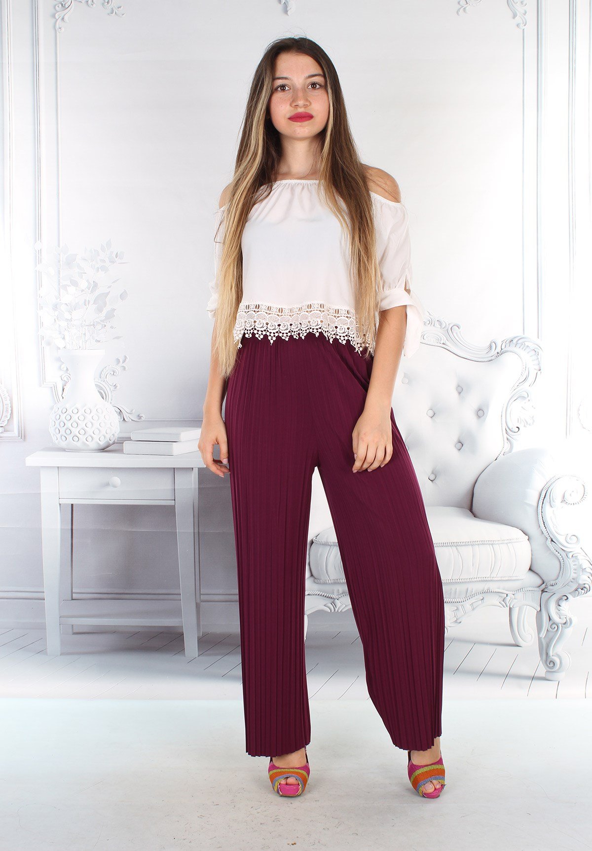 Yazlık Tiril Tiril Geniş Pantolon Mürdüm