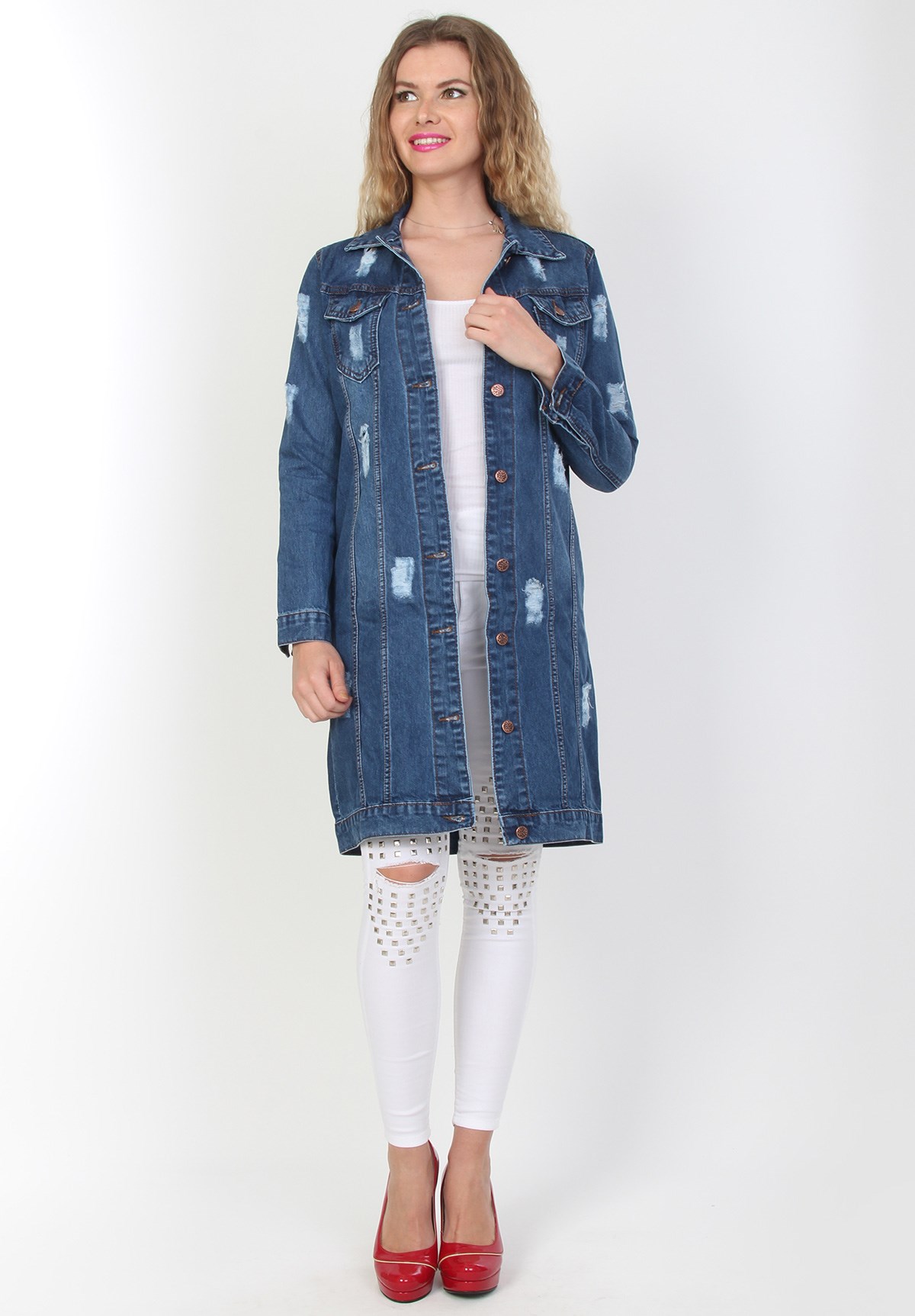 Yırtıklı Moda Bayan Kot Tunik Ceket